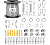 Kit Fune Acciaio Inox 95 Pezzi con Tenditore e Ganci (30M/100FT) - 304 Cavetto in Acciaio Inossidabile Rivestito in PVC per Luci a Stringa Esterni