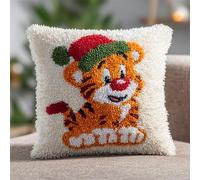 Kit Gancio di Chiusura per Cuscino Fai-da-Te,Cucciolo di tigre che indossa il cappello di Babbo Natale,Artigianato Facile da Imparare per Kit Tappeto con Gancio di Chiusura per Cuscino,43x43cm