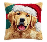 Kit Gancio di Chiusura per Cuscino Fai-da-Te,Golden retriever che indossa un cappello da Babbo Natale,Artigianato Facile da Imparare per Kit Tappeto con Gancio di Chiusura per Cuscino,43x43cm