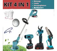KIT Giardinaggio 4 IN 1 Motosega Cesoia Taglia Erba Soffiatore 2 Batterie 88 V