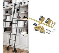 Kit hardware a scala scorrevole per biblioteca, dorata, sistema di binari da 1 m a 7,3 m, con ruote frenanti, capacità 136 kg, scala non inclusa