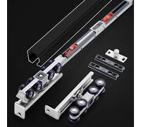Kit hardware per porta scorrevole con chiusura ammortizzata, 5 m, guida nera per porte interne dell'armadio, include ruote e viti di fissaggio per una facile installazione