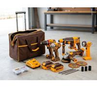 Kit INGCO 20V Trapano Martello Smerigliatrice Avvitatore Torcia Batterie Trolley