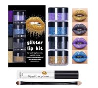 Kit labbro glitter, polvere di labbro di lunga durata, incluso primer e pennello, cosmetici luccicanti set per moglie, mamma, donne, matrimonio, Halloween, festa, Natale, raccolta, vacanza, trucco per
