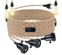 Kit lampada a sospensione in corda di canapa con 3 lampadine, portalampada a sospensione con spina, E27 cavo lampada vintage con interruttore, cavo lampada luce sospesa con 3 fiamme, per sala da