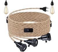 Kit lampada a sospensione in corda di canapa con spina, E27 vintage cavo lampada con interruttore, cavo lampada a sospensione con 3 luci, lampada a sospensione retrò fai da te per cose (senza