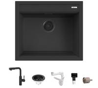 Kit Lavello 57×51 Prime 60 Granito Nero e Miscelatore Prime Monocomando Doccetta Estraibile Multigetto Nero Quareco