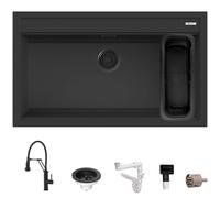Kit Lavello 86×51 Prime 90 Granito Nero e Miscelatore Industrial Monocomando Doccetta Estraibile Multigetto Vaschetta Inclusa Nero Quareco