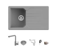 Kit Lavello Prime 861 86×50 Grigio Granito e Miscelatore Harmony Monocomando Doccetta Estraibile Grigio Quareco