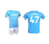 Kit Maglia e Pantaloncino Personalizzata Foden 47 creata utilizzando Maglia Calcio Replica Autorizzata M a n c h e s t e r C i t y Taglie da Bambino (IT, età, 8 Anni, Regular, Azzurro)