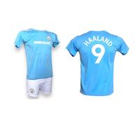 Kit Maglia e Pantaloncino Personalizzata Haaland 9 creata utilizzando Maglia Calcio Replica Autorizzata M a n c h e s t e r C i t y Taglie da Bambino (IT, età, 6 Anni, Regular, Azzurro)