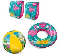 Kit Mare Gonfiabili FENICOTTERO BRACCIOLI + SALVAGENTE Ciambella + PALLA SPIAGGIA, Gonfiabile Giochi Spiaggia Sabbia Bambina Fenicottero Rosa