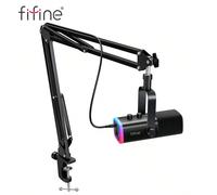 Kit microfono dinamico da gaming FIFINE AM8T con USB/XLR, braccio a stelo, jack per cuffie, pulsante di mute, illuminazione RGB, adatto per streaming, registrazione, podcast, video su PC ABS