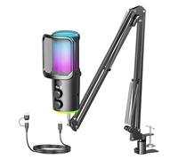 Kit microfono USB da gioco con braccio a braccio, microfono a condensatore RGB con cancellazione del rumore, regolazione del riverbero pulsante muto, monitoraggio per streaming, podcasting, discord