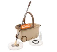 Kit Mocio Rotante 360° con Secchio 14L - 46x27x22cm e Centrifuga in Acciaio - Include 2 Testine in Microfibra, Dosatore Sapone e Asta Telescopica - Set Lavapavimenti Universale con Ruote e Scarico