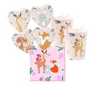 Kit n.2 festa addobbi compleanno pretty forest animaletti della foresta bosco tema per party bambine piatti a cuore assortiti cerbiatto scoiattolo