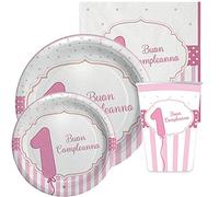 Kit n 47 Addobbi Primo Compleanno 1 Anno Strisce Rosa decorazioni bambina primo compleanno piatti bicchieri