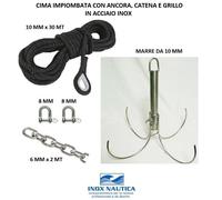 KIT ORMEGGIO CIMA NERA CON ANCORA A RAMPINO Ømm 8 CATENA E GRILLI INOX BARCA