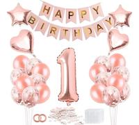 Kit Palloncini 1° Compleanno Bambina Rosa Oro - Decorazione Compleanno con Striscione "Happy Birthday", Palloncini Cuore e Stelle, Ghirlanda e Coriandoli per Festa 1 Anno (Rosa Oro)