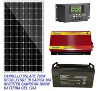 KIT PANNELLO SOLARE FOTOVOLTAICO 200W CAMPER NAUTICA ACCUMULO 120AH INVERTER