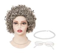 Kit Parrucca da Nonna, 3 PCS Vecchia Signora Accessori, Parrucca Nonna, Costume Vecchia Signora Accessori con Parrucca da Vecchia, Occhiali Nonna, Collana di Perle für Karneval, Cosplay (Marrone)