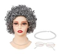 Kit Parrucca da Nonna, 3 PCS Vecchia Signora Accessori, Parrucca Nonna, Costume Vecchia Signora Accessori con Parrucca da Vecchia, Occhiali Nonna, Collana di Perle für Karneval, Cosplay (Grigio)
