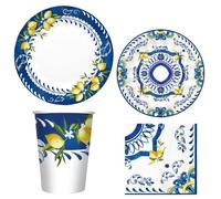 Kit Party Amalfi Eleganza e Freschezza per la Tua Tavola Perfetto per Feste e Occasioni Speciali, con Piatti, Bicchieri, Tovaglioli e Tovaglia Coordinata - Varzi dal 1956 (Kit 36 Persone)