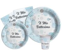 Kit Party Tavola Battesimo per 8 persone (44 pezzi: 8 piatti Ø23cm, 8 piatti Ø18cm, 8 bicchieri 200ml, 20 tovaglioli 33x33cm) in carta compostabile eco-friendly, azzurro