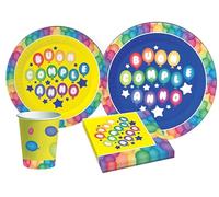 Kit Party Tavola Buon Compleanno per 24 persone (112 pezzi: 24 piatti Ø23cm, 24 piatti Ø18cm, 24 bicchieri 250ml, 40 tovaglioli 33x33cm) in carta compostabile eco-friendly