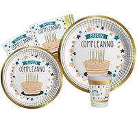 Kit Party Tavola Buon Compleanno Shiny Gold per 24 persone (112 pezzi: 24 piatti Ø23cm, 24 piatti Ø18cm, 24 bicchieri 200ml, 40 tovaglioli 33x33cm) in carta compostabile eco-friendly