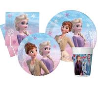 Kit Party Tavola Disney Frozen II Wind Spirit per 24 persone (112 pezzi: 24 piatti carta Ø23cm, 24 piatti carta Ø20cm, 24 bicchieri plastica 200ml, 40 tovaglioli carta 33x33cm)
