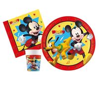 Kit Party Tavola Disney Mickey Jump into Fun per 24 persone (88 pezzi: 24 piatti Ø23cm, 24 bicchieri 200ml, 40 tovaglioli 33x33cm) in carta FSC compostabile eco-friendly