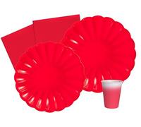 Kit Party Tavola Flower Shape per 8 persone (44 pezzi: 8 piatti Ø23cm, 8 piatti Ø18cm, 8 bicchieri 250ml, 20 tovaglioli 33x33cm) in carta compostabile eco-friendly, rosso