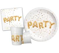Kit Party Tavola Gold Party per 8 persone (36 pezzi: 8 piatti carta Ø23cm, 8 bicchieri plastica 200ml, 20 tovaglioli carta 33x33cm)