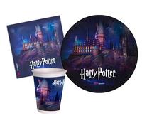 Kit Party Tavola Harry Potter Hogwarts Castle per 8 persone (36 pezzi: 8 piatti Ø23cm, 8 piatti Ø18cm, 8 bicchieri 250ml, 20 tovaglioli 33x33cm) in carta compostabile eco-friendly