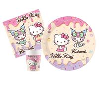 Kit Party Tavola Hello Kitty & Kuromi per 8 persone (36 pezzi: 8 piatti Ø23cm, 8 bicchieri 200ml, 20 tovaglioli 33x33cm)