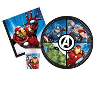 Kit Party Tavola Marvel Avengers Evergreen per 8 persone (36 pezzi: 8 piatti Ø23cm, 8 bicchieri 200ml, 20 tovaglioli 33x33cm) in carta FSC compostabile eco-friendly