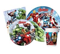 Kit Party Tavola Marvel Avengers Infinity Stones per 8 persone (44 pezzi: 8 piatti Ø23cm, 8 piatti Ø20cm, 8 bicchieri 200ml, 20 tovaglioli 33x33cm)
