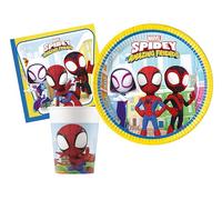 Kit Party Tavola Marvel Spider-Man Spidey and His Amazing Friends per 8 persone (36 pezzi: 8 piatti Ø23cm, 8 bicchieri 200ml, 20 tovaglioli 33x33cm)