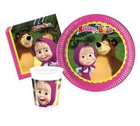 Kit Party Tavola Masha e Orso per 8 persone (36 pezzi: 8 piatti Ø23cm, 8 bicchieri 200ml, 20 tovaglioli 33x33cm)