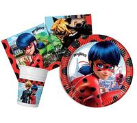 Kit Party Tavola Miraculous Ladybug per 24 persone (88 pezzi: 24 piatti Ø23cm, 24 bicchieri 200ml, 40 tovaglioli 33x33cm)
