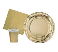 Kit Party Tavola Oro Gold per 24 persone (94 pezzi: 30 piatti carta Ø23cm, 24 bicchieri plastica 200ml, 40 tovaglioli carta 33x33cm)