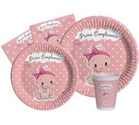Kit Party Tavola Primo Compleanno per 8 persone (44 pezzi: 8 piatti Ø23cm, 8 piatti Ø18cm, 8 bicchieri 200ml, 20 tovaglioli 33x33cm) in carta compostabile eco-friendly, rosa