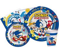 Kit Party Tavola Sonic the Hedgehog per 8 persone (44 pezzi: 8 piatti Ø23cm, 8 piatti Ø18cm, 8 bicchieri 250ml, 20 tovaglioli 33x33cm) in carta compostabile eco-friendly