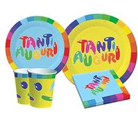 Kit Party Tavola Tanti Auguri per 8 persone (44 pezzi: 8 piatti carta Ø23cm, 8 piatti carta Ø20cm, 8 bicchieri plastica 200ml, 20 tovaglioli carta 33x33cm)