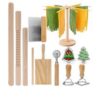 Kit Pasta 11 Pezzi, Albero di Natale, Campana, Quadrato, Stampi Ravioli, Stenditore, Matterello Filettato, 2 Matterelli, Tavola Gnocchi, Tagliapasta, Rotella per Pasta Fresca