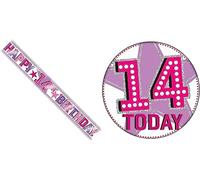 Kit per 14° compleanno con stelle olografiche rosa e argento per 14° compleanno (striscione e distintivo gigante)