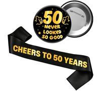 Kit per 50° compleanno - 2 pezzi nero oro Cheers To 50 Years Sash 50 Never Looked So Good Set di badge per uomini e donne Happy 50 Years Old Party Decorazioni Forniture e regali per il 50° compleanno