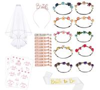 Kit per Addio al Nubilato Sposa e Amiche, Set da 26 Pezzi con 11 Braccialetti + 10 Ghirlande + 2 Tatuaggi + Velo da Sposa + Cerchietti per Capelli + Fascia, Gadget Sposa per Addio al Nubilato