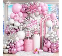 Kit per arco di palloncini a forma di fiocco di neve rosa, bianco, 108 pezzi, set di palloncini natalizi in metallo rosa perlato bianco argento per principessa Natale inverno neve paese delle